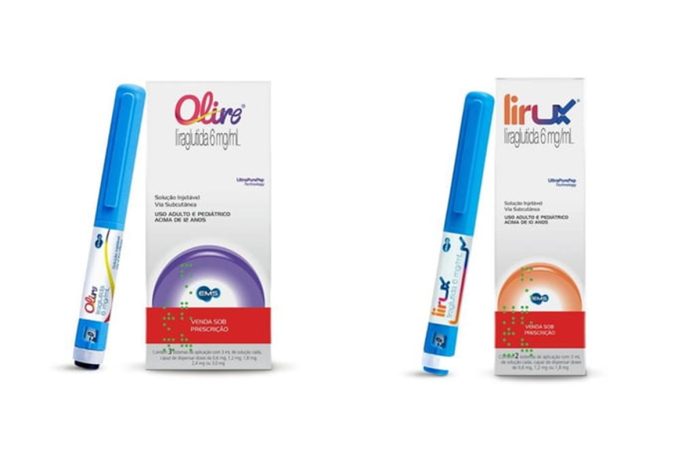 canetas de liraglutida da EMS em fundo branco. Metrópoles