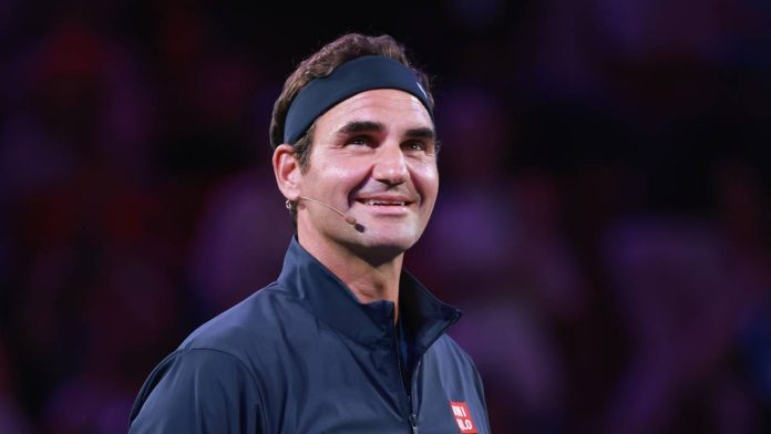 SHANGHAI, CHINA - OCTOBER 10: Former tennis player Roger Federer reacts during the exhibition event Roger and friends celebrity doubles match on day 12 of the 2025 Shanghai Rolex Masters at Qi Zhong Tennis Center on October 10, 2025 in Shanghai, China. (Photo by Lintao Zhang/Getty Images)