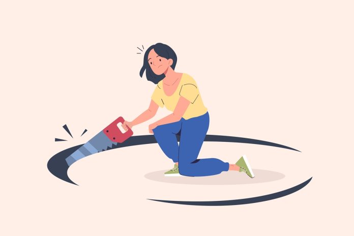 Ilustração mostra mulher cortando o chão ao seu redor, representando autossabotagem - Metrópoles